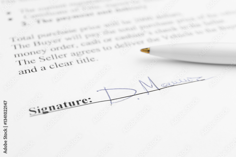 Ballpoint pen and signature on contract, closeup Ballpoint pen and signature on contract, closeup