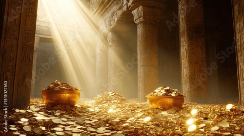 Ancient temple treasure room filled with gold coins