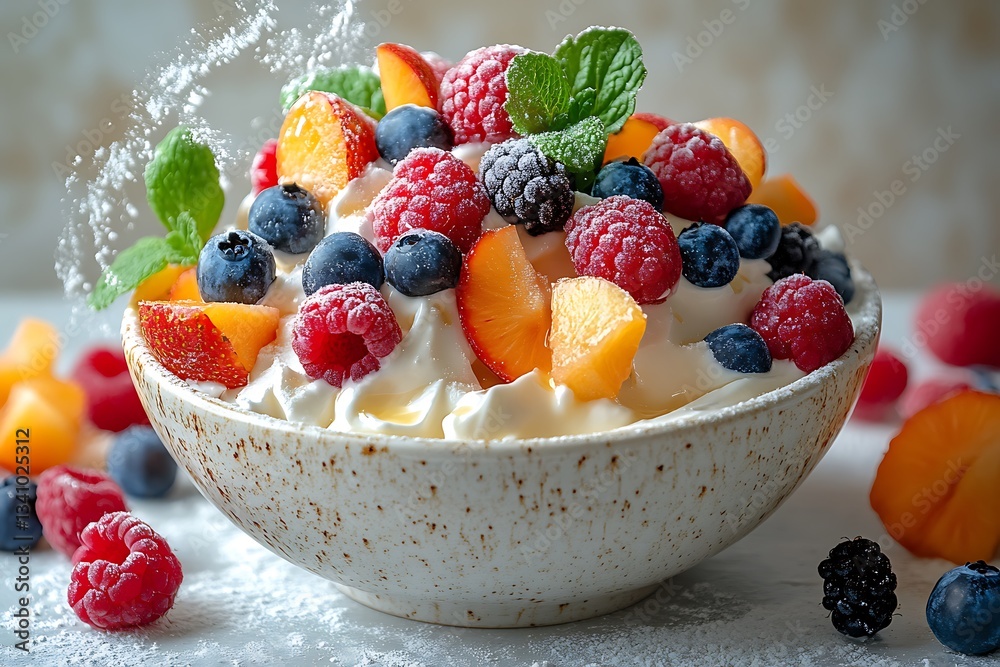 Delicious Whipped Cream Dessert with Fresh Berries and Peaches