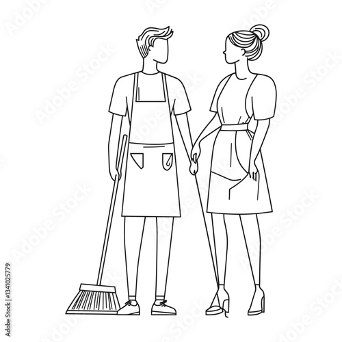 Housekeeping Staff in Aprons Holding Cleaning Tools