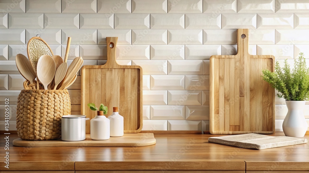 Obraz premium Rustic Kitchen Countertop: Panoramic View of Wood Cutting Boards, Woven Tray & White Containers