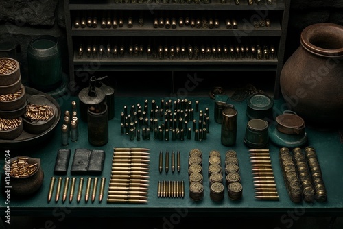 A table filled with various types of ammunition, including hollow points, armor-piercing rounds, and tracer bullets