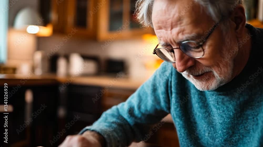 An elderly man with white hair and glasses is deeply focused on assembling a jigsaw puzzle at a wooden table. Warm natural light from a nearby window highlights the cozy and peaceful indoor setting