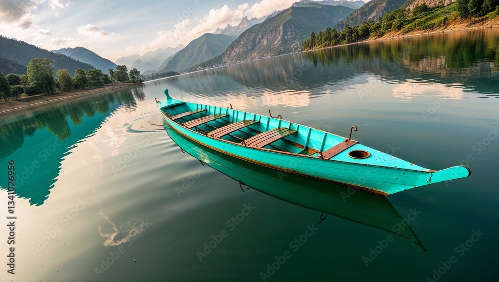 A picturesque boat and serene lake scene captured in golden light. A picturesque boat and serene lake scene captured in golden light.
