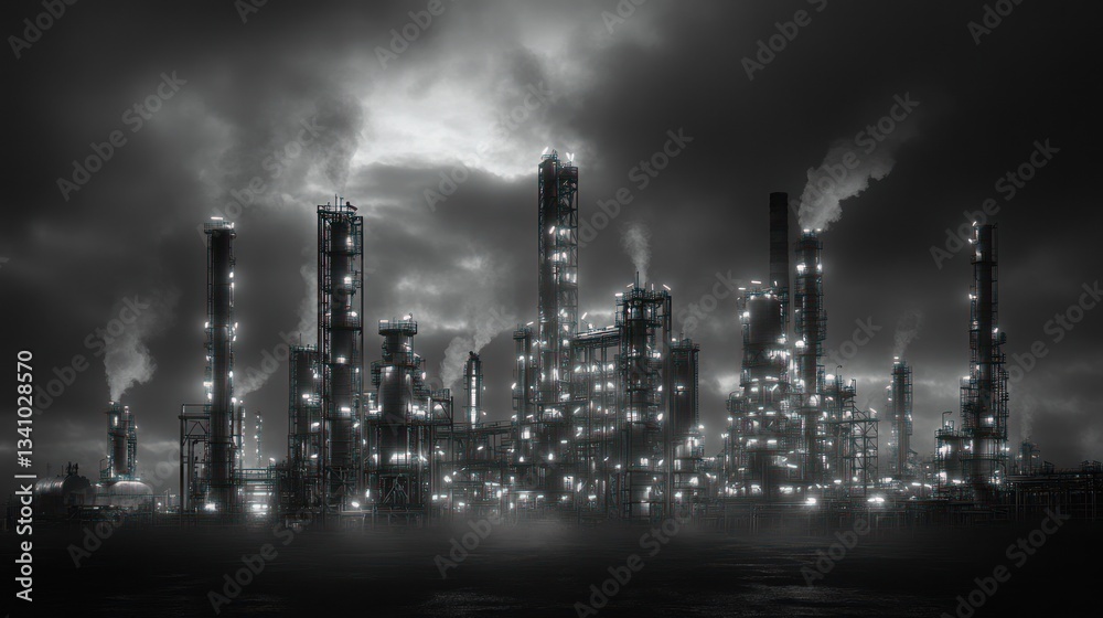 Obraz premium Nightfall at the Petrochemical Refinery: A Monochromatic View