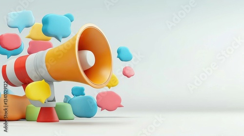 A vibrant yellow megaphone surrounded by an array of colorful speech bubbles symbolizing the power of communication social outreach and effective messaging in various contexts
