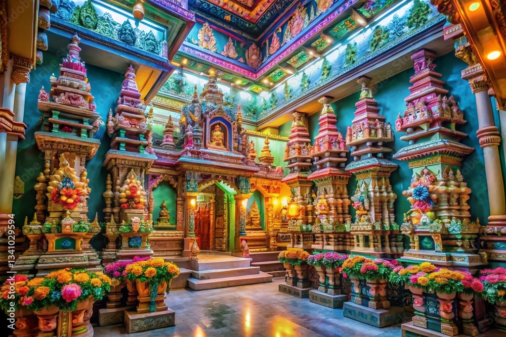 Fototapeta premium Seychelles Hindu Temple Interior: Vibrant Colors & Spiritual Decor in Victoria, Mahe