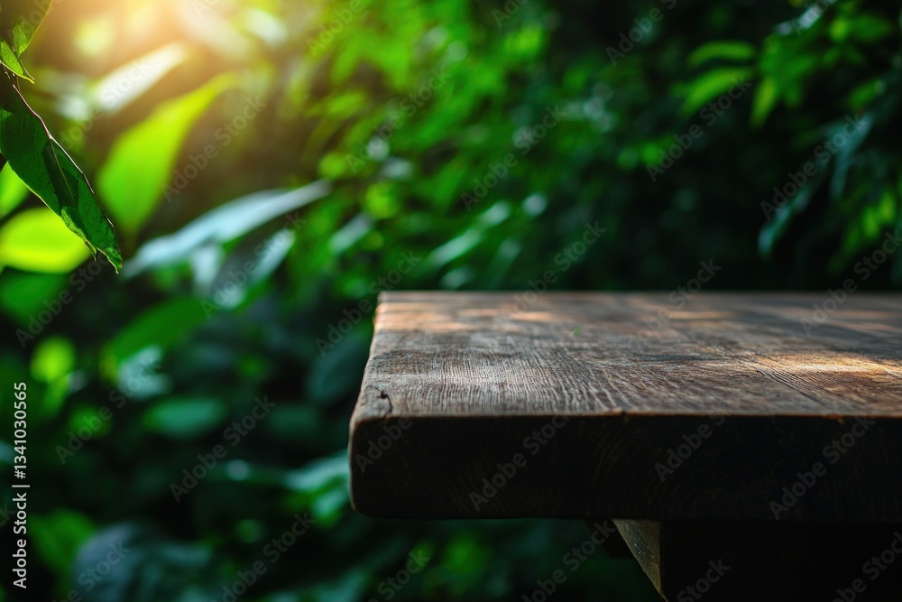 Naklejka premium Wooden table top in lush green garden