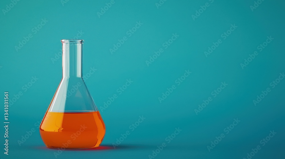 Orange solution in science glass flask on blue chemistry school laboratory background , chemistry, science, laboratory Orange solution in science glass flask on blue chemistry school laboratory background , chemistry, science, laboratory