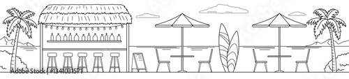 Beach cafe bar graphic black white landscape long sketch illustration vector 