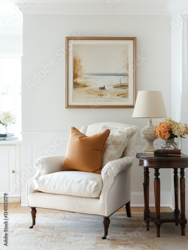 An inviting picture shows an elegant chair and a table