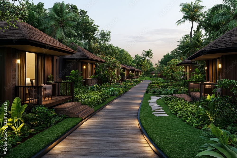 Fototapeta premium A beautiful agrihood senior community with cozy cottages surrounded by lush organic gardens, seniors happily tending to plants