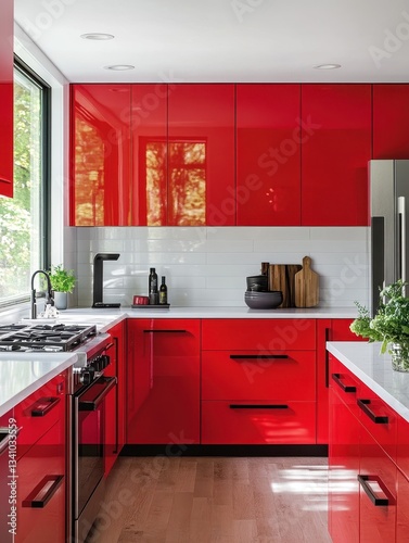 Modern Red Kitchen with Bright Cabinets and White Countertops