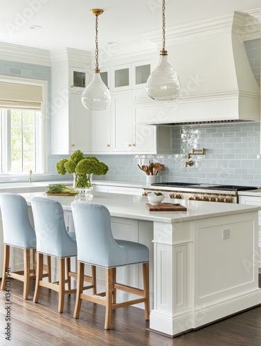 An inviting light filled kitchen with an island and bar stools
