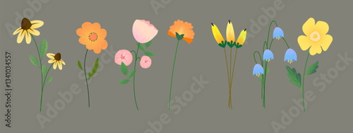 Set of Flowers, Blossom Icons. Spring and Summer Blooming Plants, Isolated Floristic Elements for Design and Decorative Compositions for Greeting Card or Invitation. Cartoon Vector Illustration