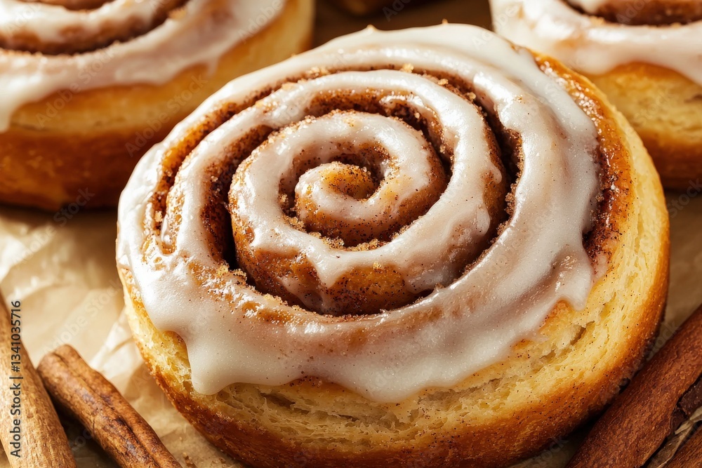 Fototapeta premium Freshly Baked Cinnamon Roll with Creamy Frosting and Spices