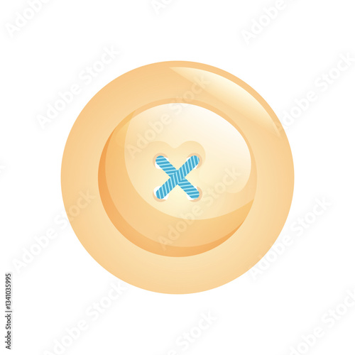 Round yellow button for sewing onto clothing by sewing on with thread. Vector illustration