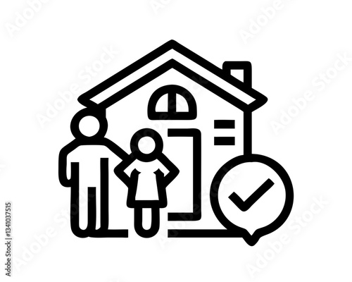 Family conducting home safety audit, standing in front of house, checklist icon
