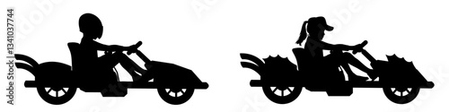 Children silhouettes. Little boy and girl driving a toy car. Vector illustration.
