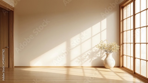 Empty Room with Large Grid Window, Sunlight, Hardwood Floors, and Flower Vase