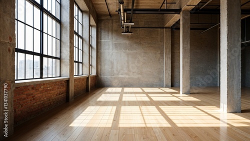 Empty Industrial Loft with Concrete Walls, Large Windows, Brick Detail, and Hardwood Floors