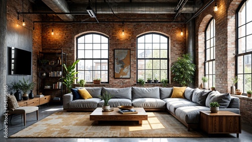 Industrial Loft Living Room with Exposed Brick, Arched Windows, and Sectional Sofa