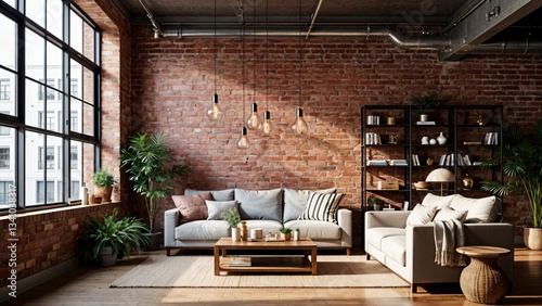 Industrial Loft Living Room with Exposed Brick, Large Windows, and Modern Furniture