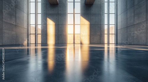 Modern concrete hall with glowing windows, embodying simplicity and clean minimalism in architectural design.