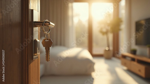 New Home, Open Door: Keys in Door Lock with Bright Bedroom Interior