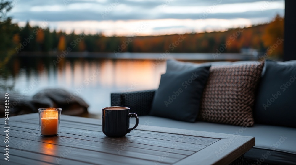 Fototapeta premium Lakeside patio, autumnal sunset, cozy drinks