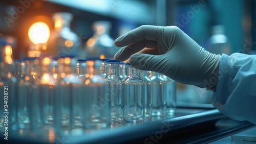 Gloved Hand Carefully Handling Small Glass Vials in a Laboratory Setting