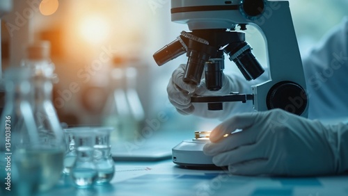 Laboratory Research: Scientist Using Microscope with Chemical Samples
