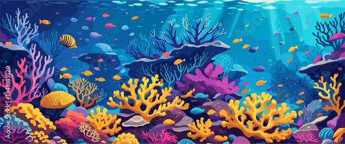 Underwater life at sea or ocean bottom. Exotic undersea world with coral reef, seaweeds and aquatic habitats in depth. Colored flat cartoon vector illustration of scenic marine landscape or seascape