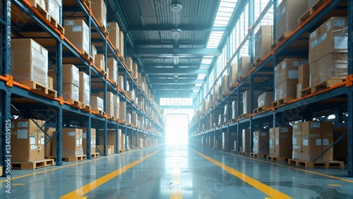 Warehouse Interior: Rows of Shelves with Storage Boxes