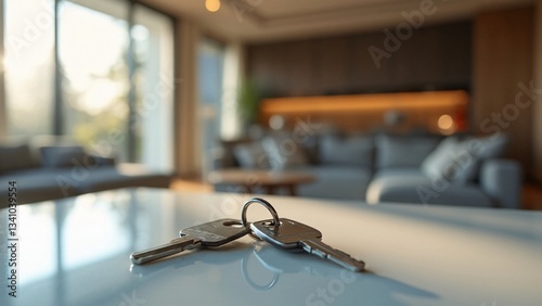 House Keys on Table with Blurred Modern Living Room Background