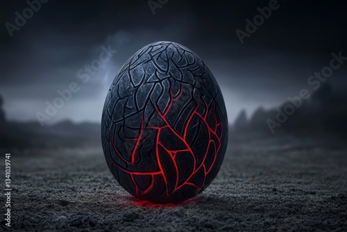 A cursed Easter egg with ancient runes carved into its cracked surface, pulsating with eerie energy