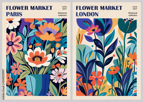 Set of Abstract Flower Market posters. Vector art illustrations