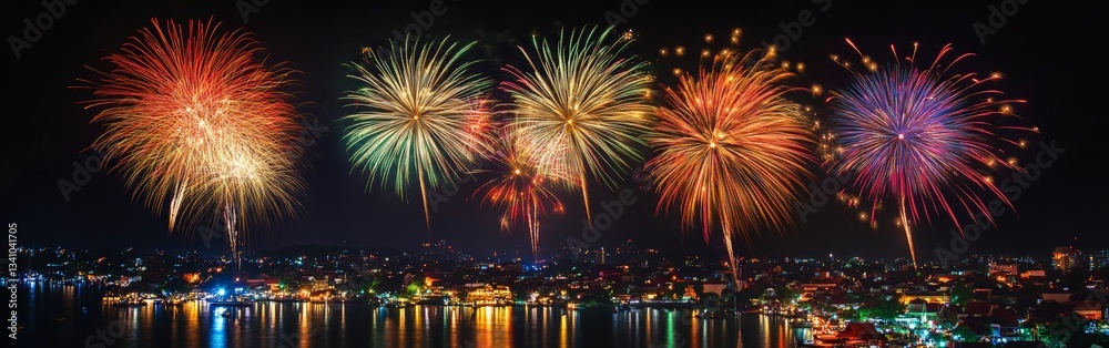 Spectacular Fireworks Display Over Cityscape at Night with Colorful Explosions Spectacular Fireworks Display Over Cityscape at Night with Colorful Explosions