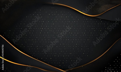 Black background with dark gray and golden geometric lines, a modern vector abstract background for presentation design. Flat illustration of black gradient dots with copy space