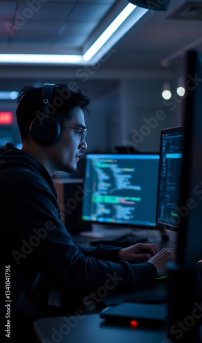 Focused programmer expertly codes late night bathed in cool blue light. AI Generated