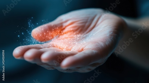 A mesmerizing portrayal of an open palm filled with swirling lights and energy, symbolizing the connection between humanity and the mystical forces of inspiration and creativity. photo