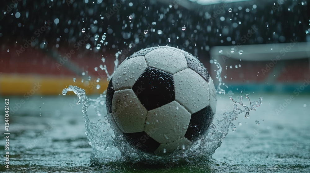 Fototapeta premium Soccer ball in action with splashing water, highlighting speed and power.