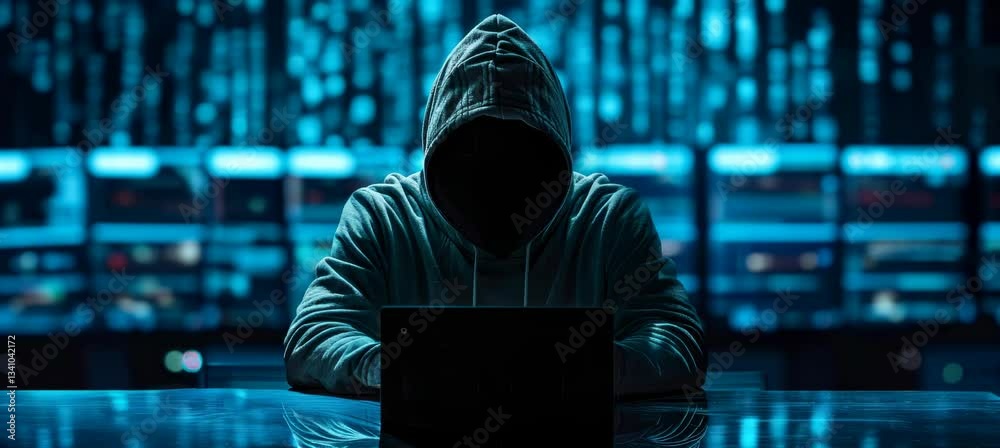 Hacker criminal hack with data flow background. Cyber internet thief fraud security protection concept. Generative video AI technology.	
