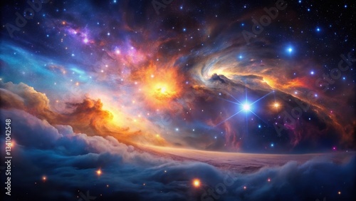 A Celestial Tapestry of Nebulae, Stars, and Cloudscapes Above a Dreamlike Planet