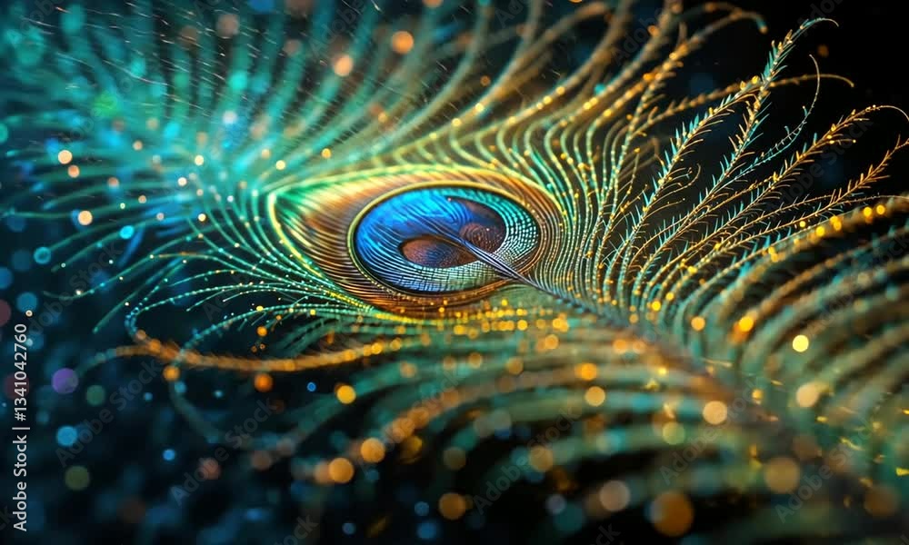 A close-up of an iridescent peacock feather with intricate metallic hues of blue, green, and gold, symbolizing beauty and elegance
