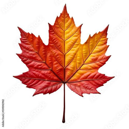 Autumn leaf transitioning red to yellow, isolated on transparent background. Macro 3D render of detailed fall foliage. Ideal for Thanksgiving, seasonal designs, and nature projects.
