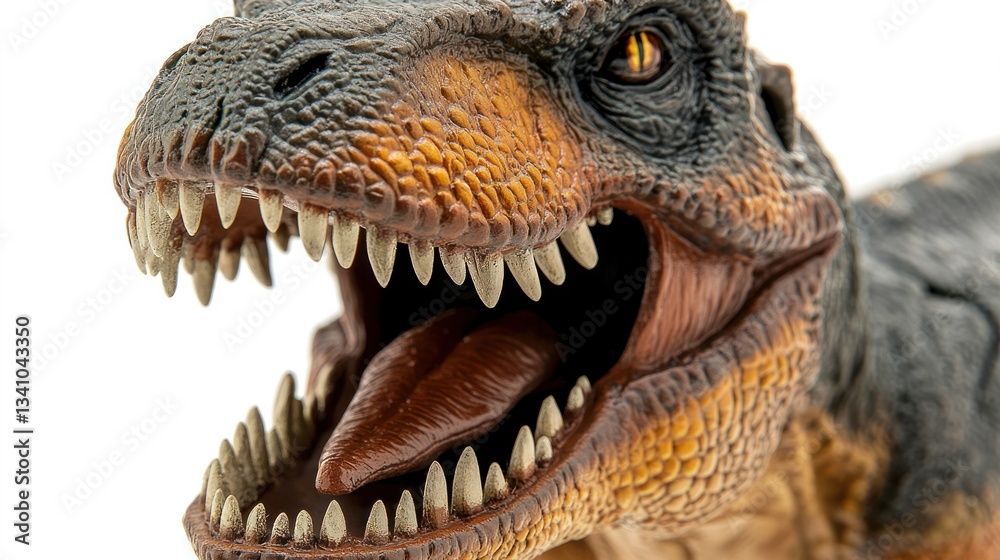 Realistic dinosaur figurine in closeup, highlighting sharp fangs and lifelike skin texture against a plain backdrop. Realistic dinosaur figurine in closeup, highlighting sharp fangs and lifelike skin texture against a plain backdrop.