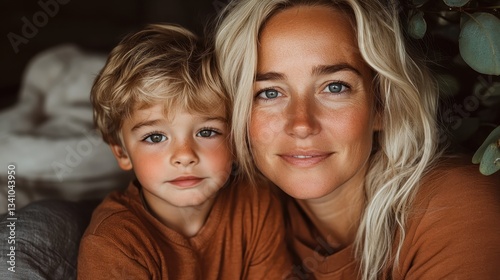 A close-up image capturing cherished moments of a mother with her son, displaying an expression of love and joy that highlights familial bonds in a warm setting.