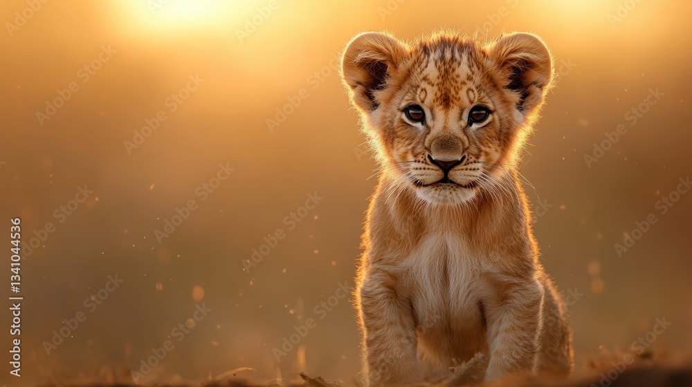 Fototapeta premium This captivating image showcases a focused lion cub with a vibrant sunset behind, illustrating the natural beauty of wildlife and stirring emotions of wonder and admiration.