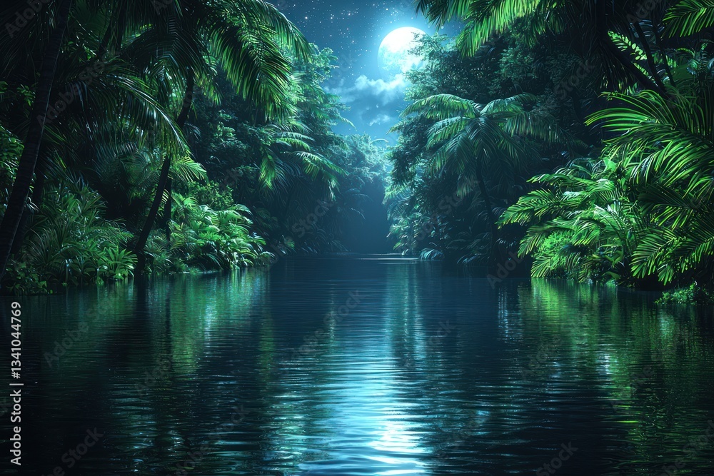 Fototapeta premium Lush jungle river at night